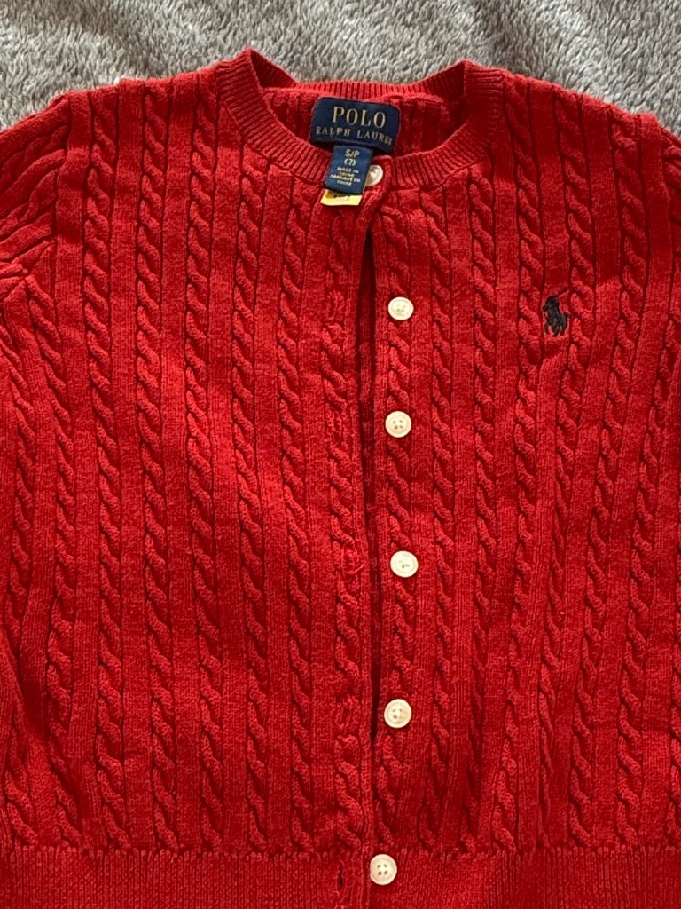 Polo Ralph Lauren Girls Red Cable Knit Cardigan Sweater Size S/P (7) Navy Pony